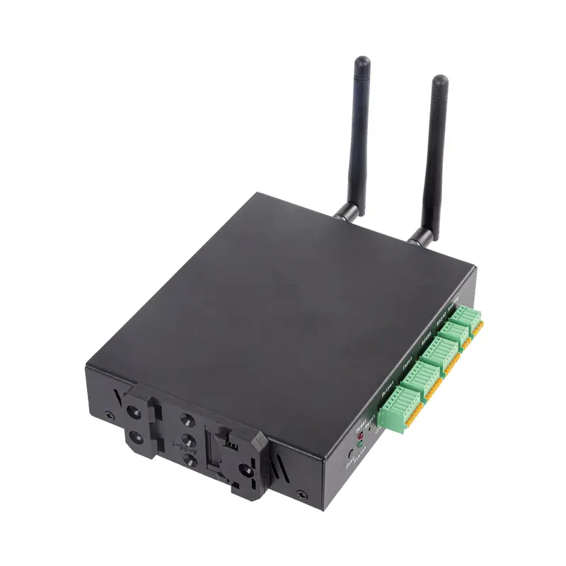 An industrial carrier board in a metal case with terminal blocks, serial ports and network sockets.