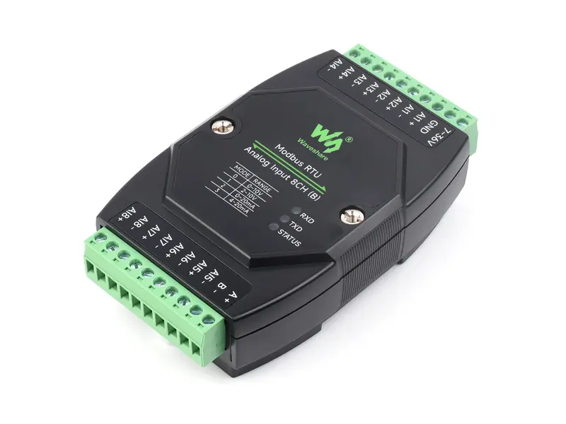 An eight-channel analogue acquisition module with paired input terminals and a serial connection.