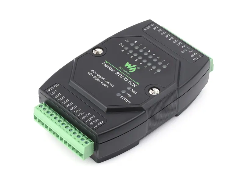 An eight-channel digital input module on DIN rail with indicator lamps above each terminal pair.