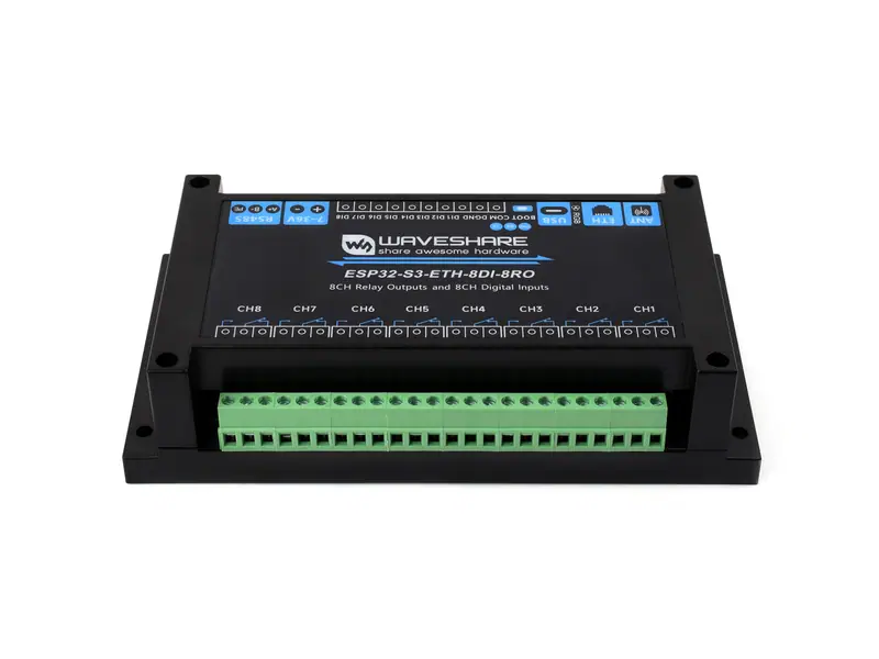 A DIN-rail module with two rows of screw terminals, an Ethernet socket and eight relay indicators along its face.
