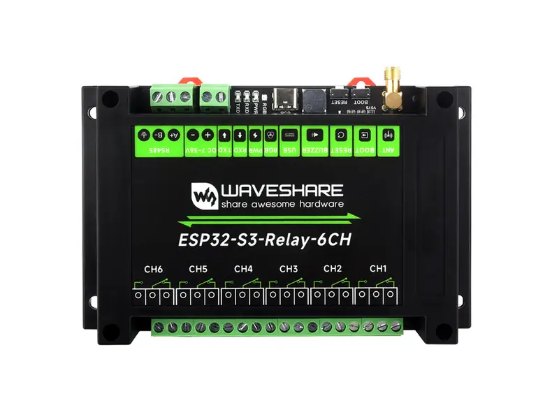 A six-channel relay module on DIN rail, each output with its own terminal pair and indicator.