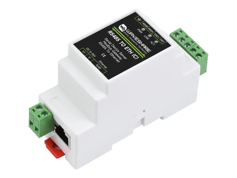 A DIN-rail serial bridge with a two-wire terminal block at one end and an Ethernet socket at the other.